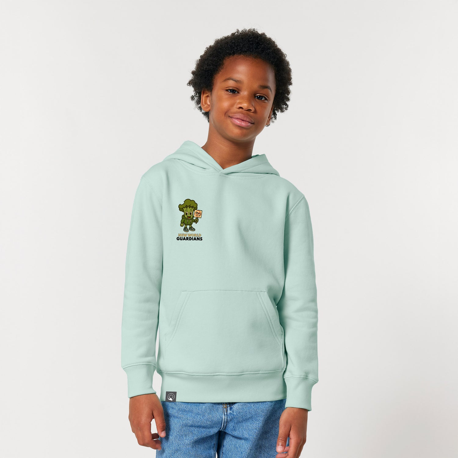 Roots for Our Future kids fashion – organic cotton hoodie in caribbean blue with Steamy hero graphic, 10 colors available