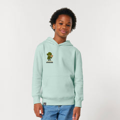 Roots for Our Future kids fashion – organic cotton hoodie in caribbean blue with Steamy hero graphic, 10 colors available
