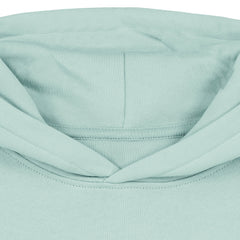 Close-Up of sustainable caribbean blue hoodie with vegan hero prints, organic cotton, Roots for Our Future, 10 colors