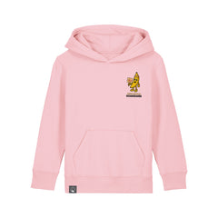Roots for Our Future organic cotton kids hoodie in light pink, with Bany vegan hero print, 10 colors