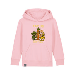 Roots for Our Future collection – organic cotton kids hoodie in light pink with Full Squad vegan hero design, 10 colors