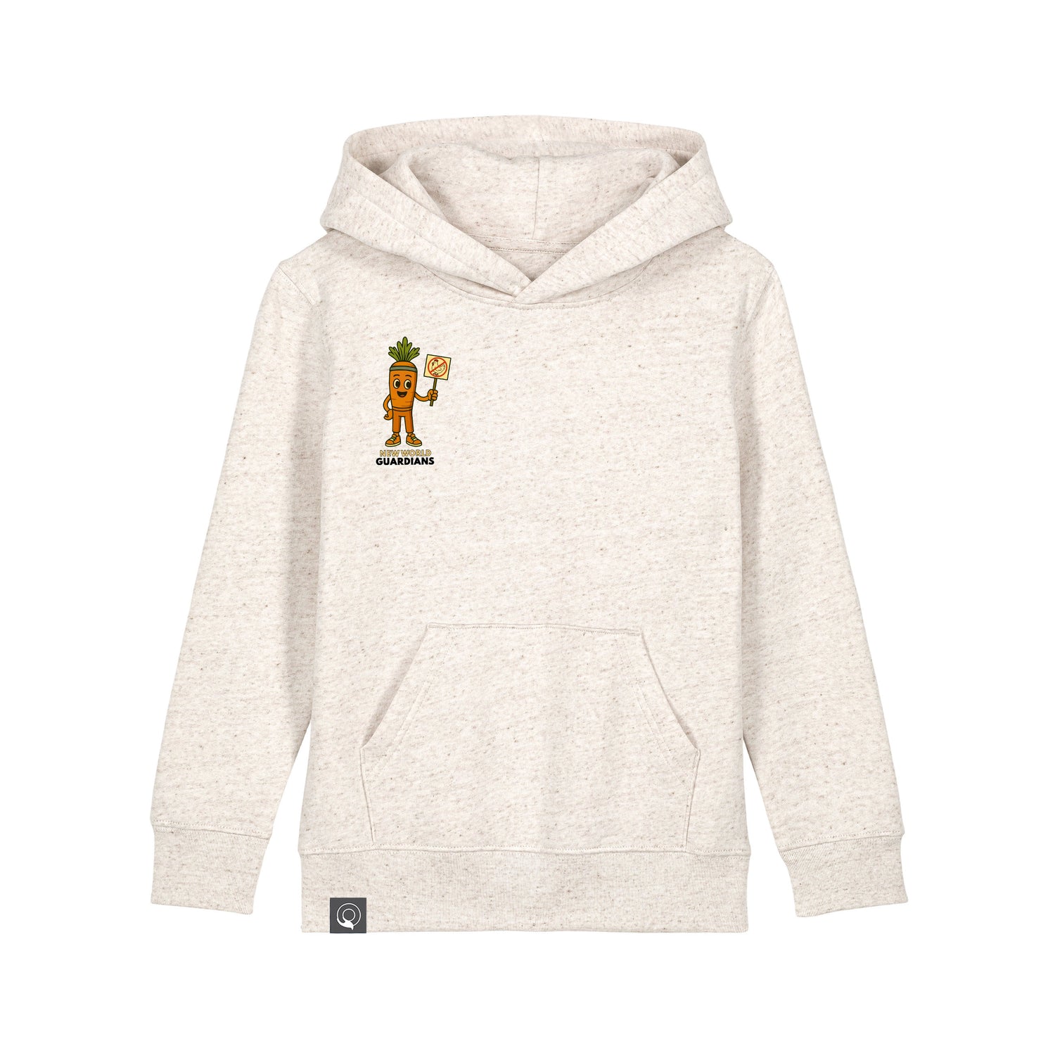 Roots for Our Future sustainable hoodie in beige organic cotton with Crunch vegan hero print, ten colors available
