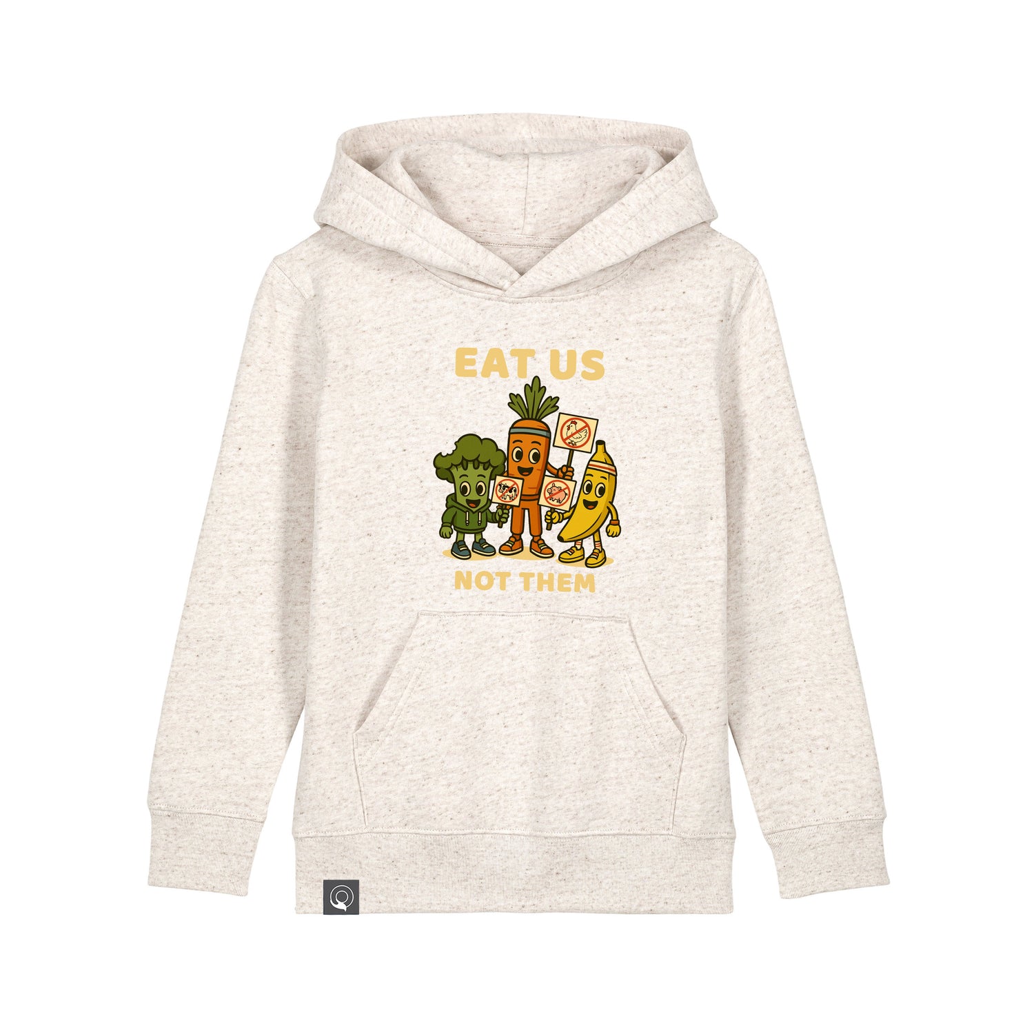 Sustainable kids fashion – beige organic cotton hoodie with Full Squad vegan hero graphic, 10 colors available