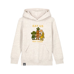 Sustainable kids fashion – beige organic cotton hoodie with Full Squad vegan hero graphic, 10 colors available