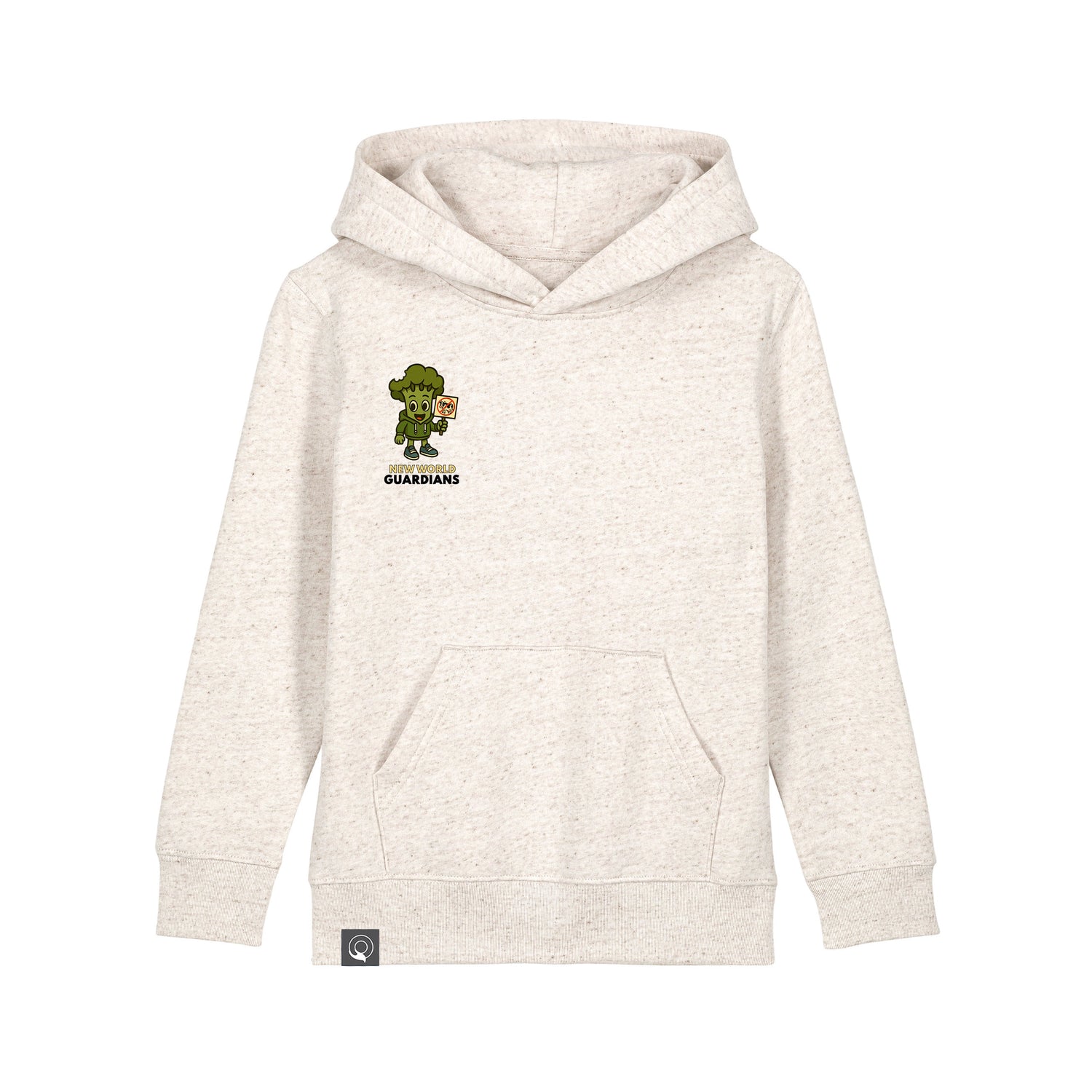 Eco-friendly beige hoodie for kids in organic cotton with Steamy hero graphic, sustainable fashion, 10 colors