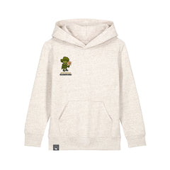 Eco-friendly beige hoodie for kids in organic cotton with Steamy hero graphic, sustainable fashion, 10 colors