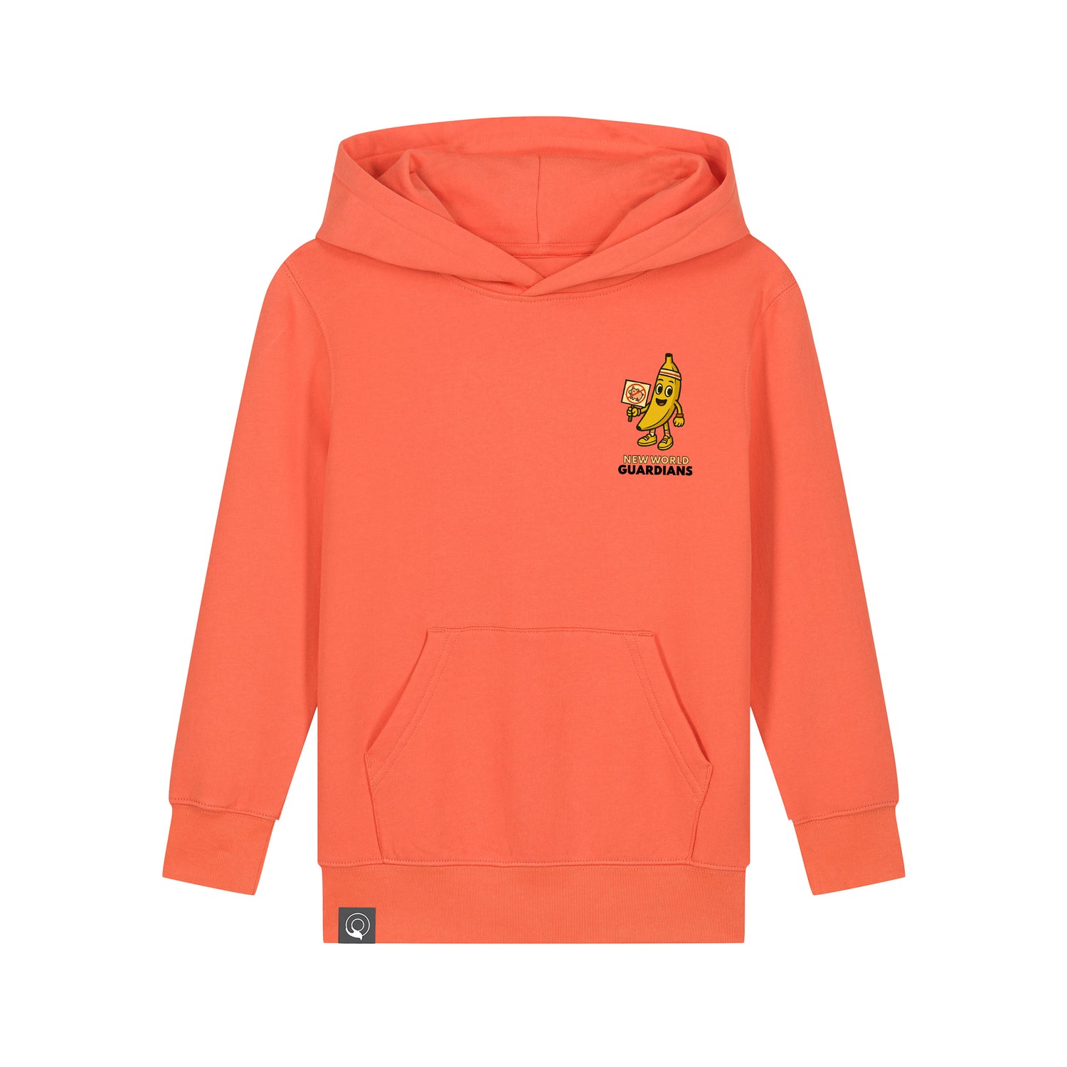 Sustainable kids fashion – orange hoodie made from organic cotton with Bany vegan hero design, 10 colors