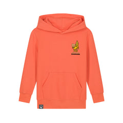 Sustainable kids fashion – orange hoodie made from organic cotton with Bany vegan hero design, 10 colors
