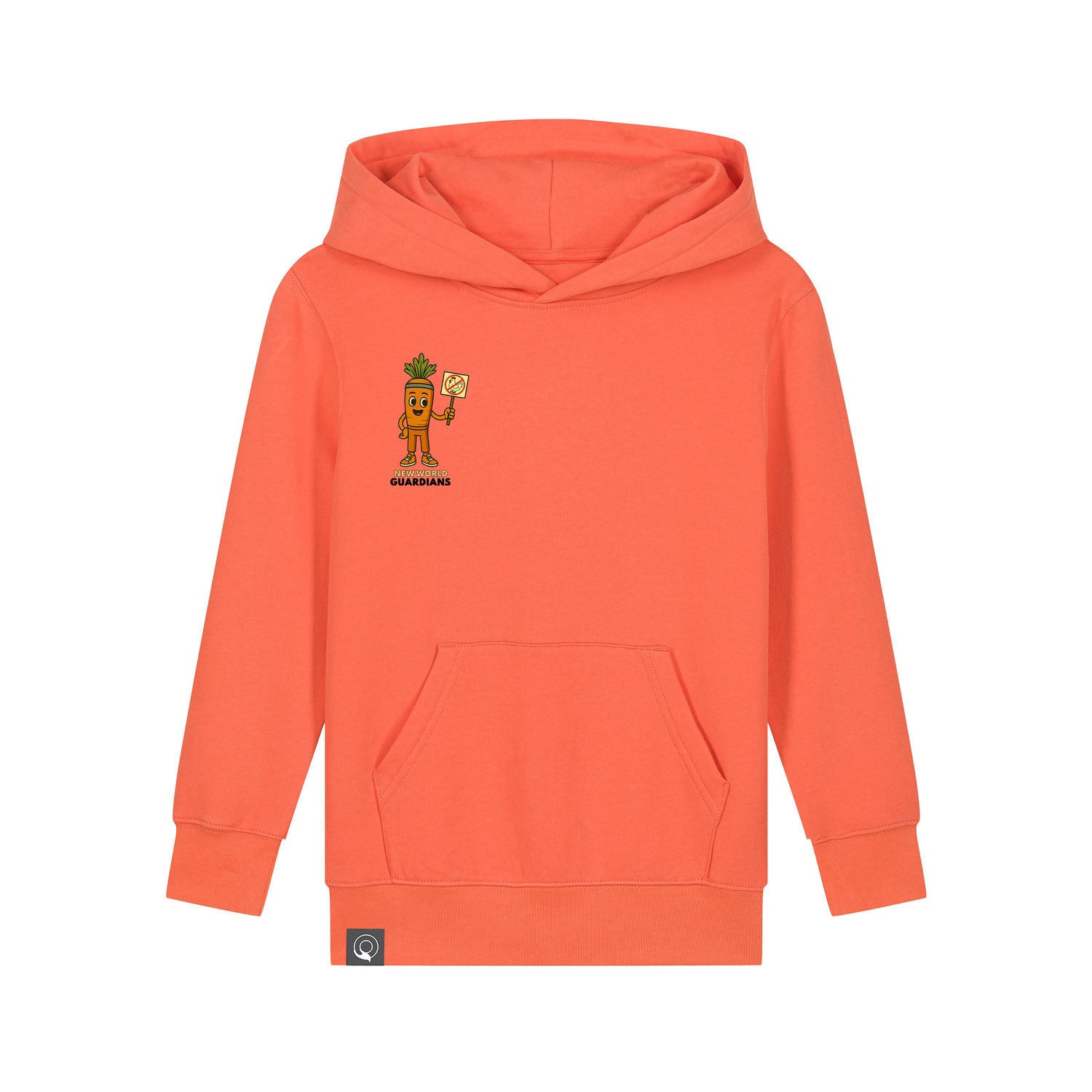 Orange sustainable kids hoodie in organic cotton with Crunch plant hero print, 10 color variations