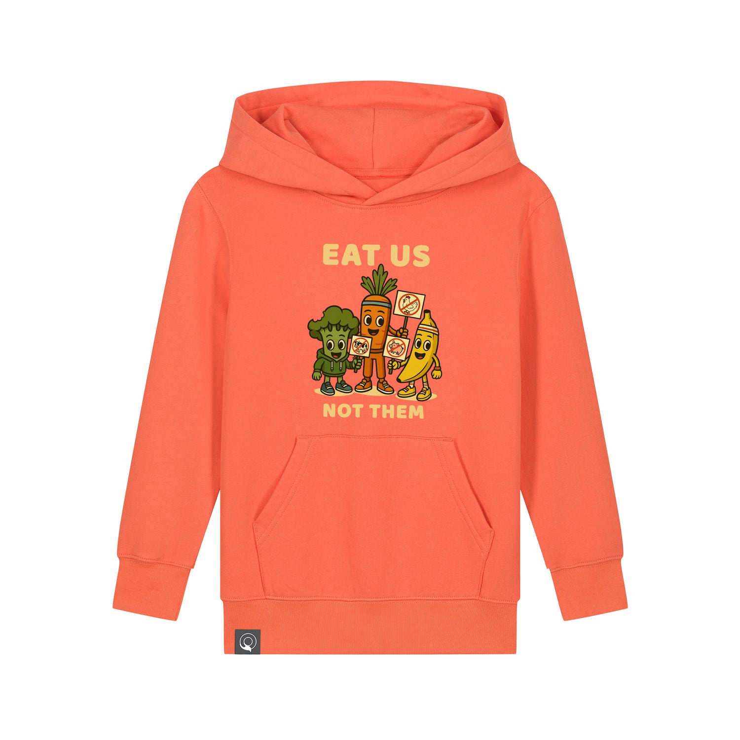 Organic cotton children’s hoodie in orange with Full Squad hero print, sustainable and fair, 10 colors
