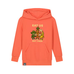Organic cotton children’s hoodie in orange with Full Squad hero print, sustainable and fair, 10 colors