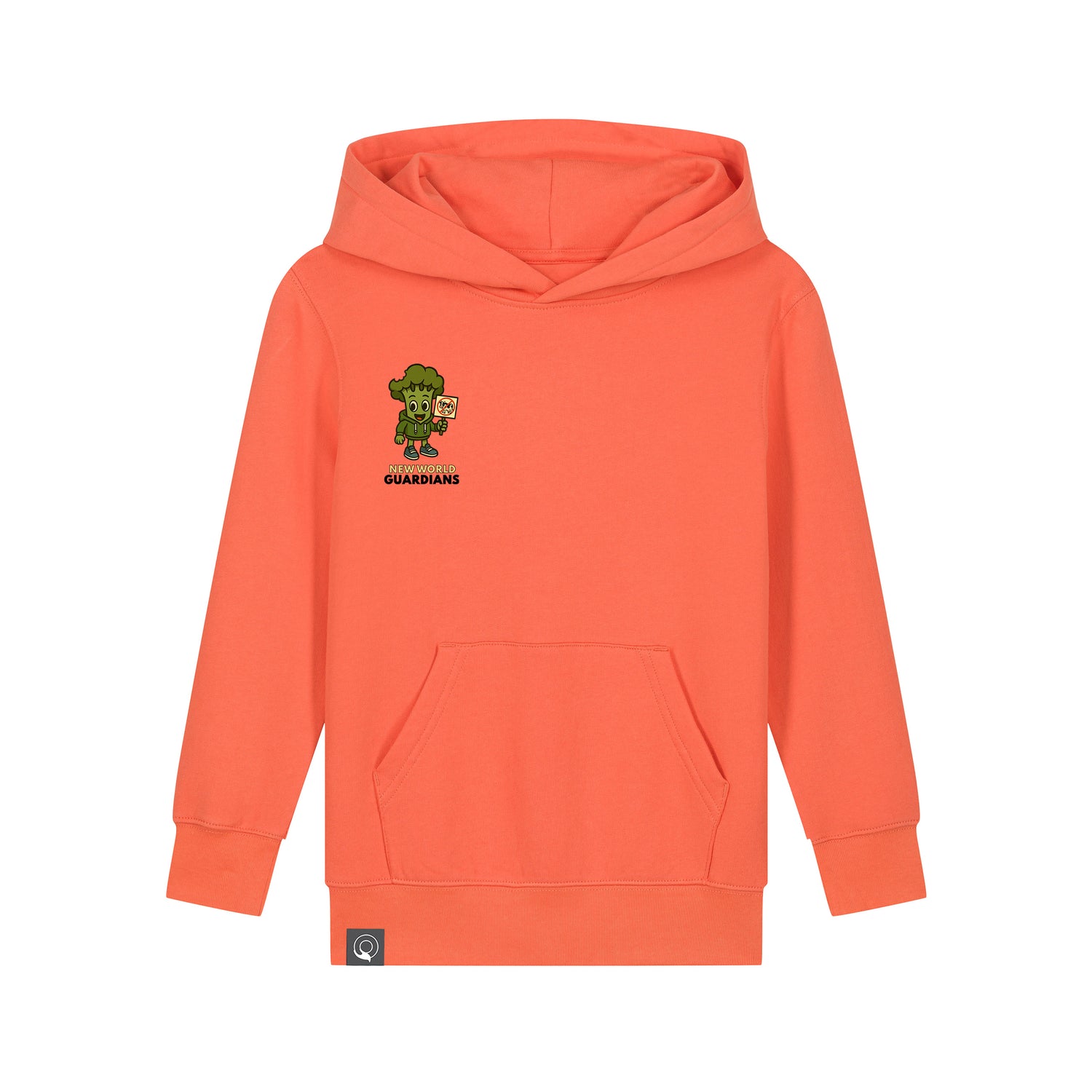 Orange kids hoodie made from organic cotton with Steamy hero design, Roots for Our Future, 10 color options