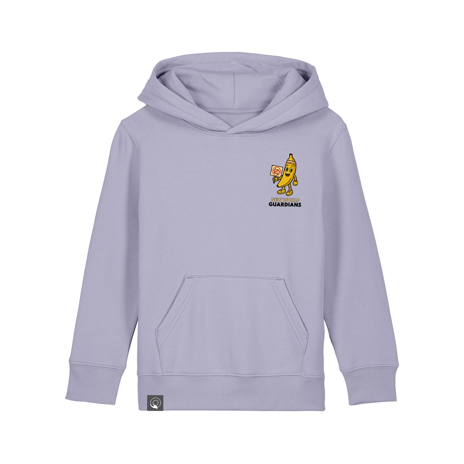 Eco-friendly children’s hoodie in light purple organic cotton with Bany vegan hero graphic, ten color options