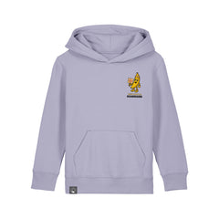 Eco-friendly children’s hoodie in light purple organic cotton with Bany vegan hero graphic, ten color options