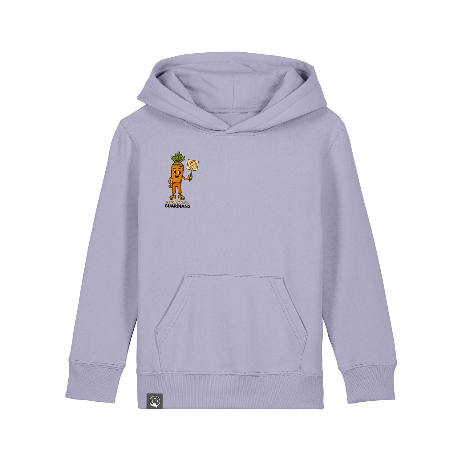 Sustainable kids hoodie made from organic cotton in light purple with Crunch vegan hero design, 10 color options