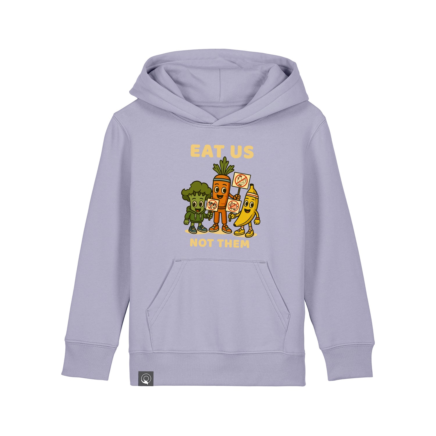 Vegan Rebel kids hoodie in light purple organic cotton with Vegan Squad hero print, sustainable fashion, 10 colors