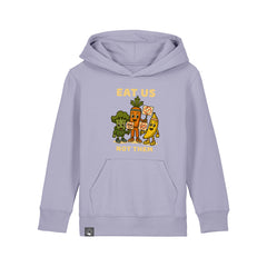 Vegan Rebel kids hoodie in light purple organic cotton with Vegan Squad hero print, sustainable fashion, 10 colors