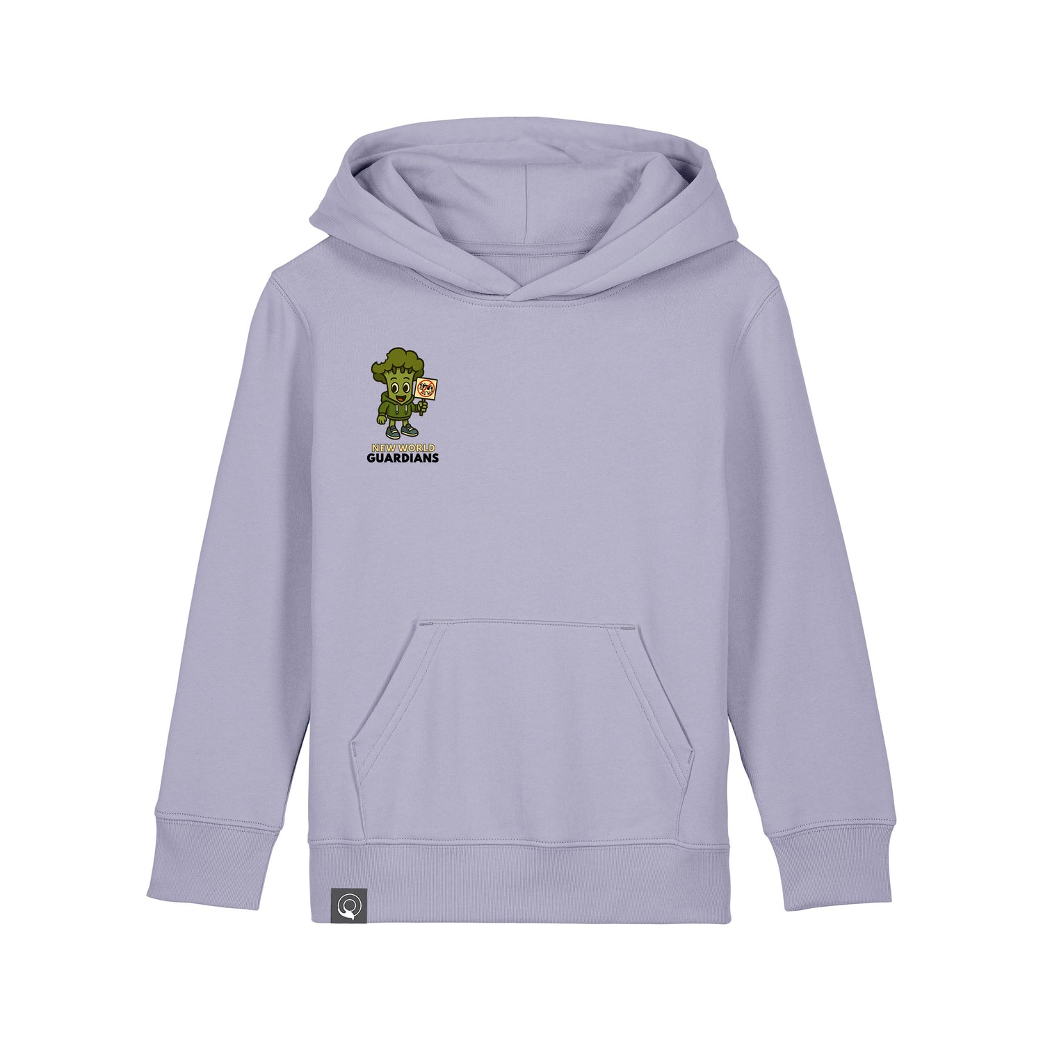 Roots for Our Future collection – light purple kids hoodie with Steamy hero print, organic cotton, 10 color variations