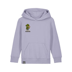 Roots for Our Future collection – light purple kids hoodie with Steamy hero print, organic cotton, 10 color variations