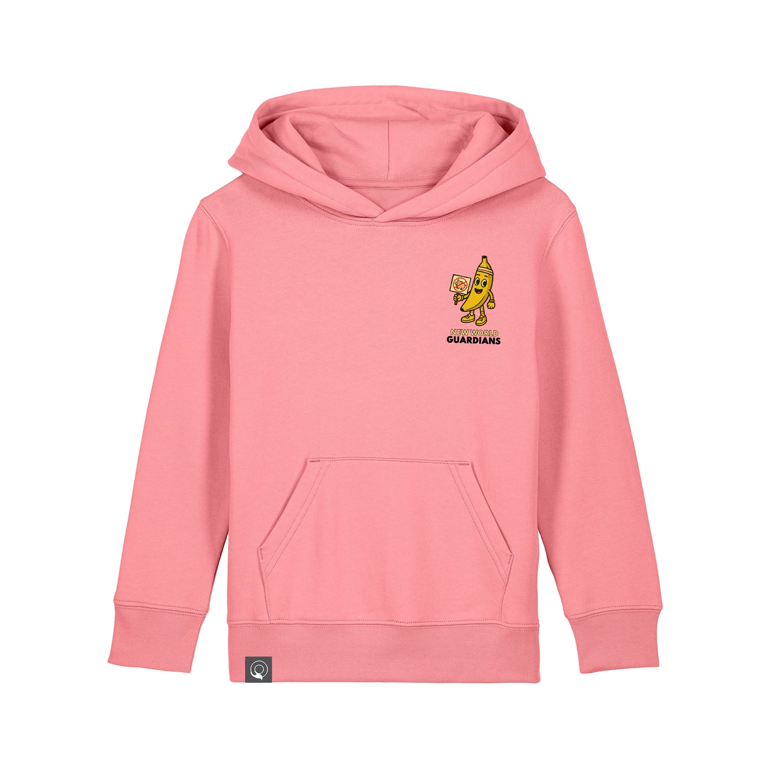 Sustainable kids hoodie made from organic cotton in pink with Bany hero design print, Roots for Our Future, 10 colors