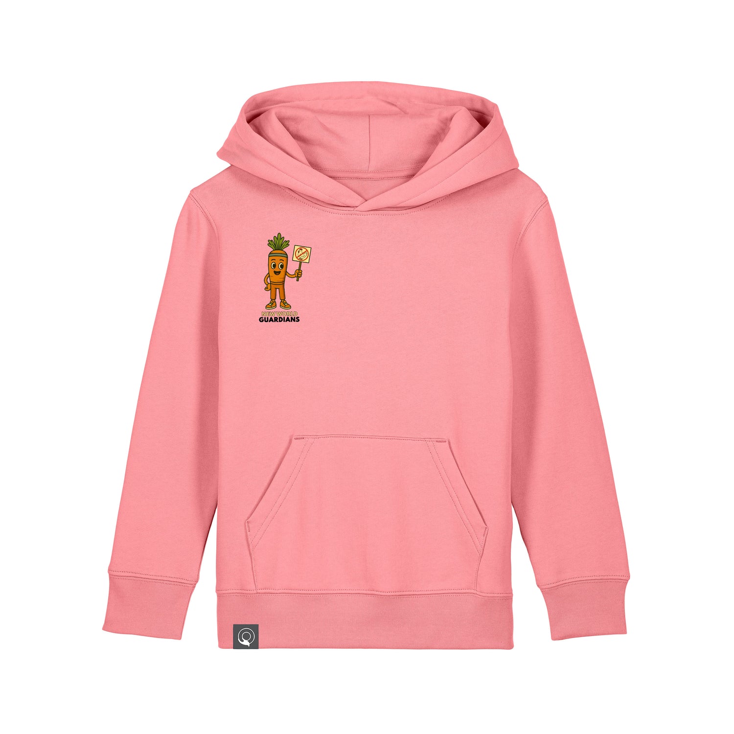 Roots for Our Future kids hoodie in pink organic cotton with Crunch plant hero print, available in 10 colors