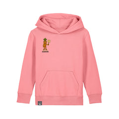 Roots for Our Future kids hoodie in pink organic cotton with Crunch plant hero print, available in 10 colors