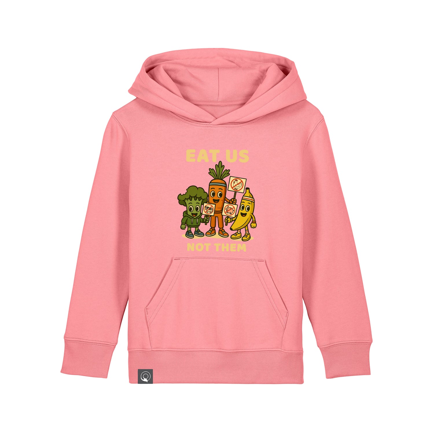Roots for Our Future vegan kids hoodie in pink organic cotton with Full Squad vegan hero print, available in 10 colors