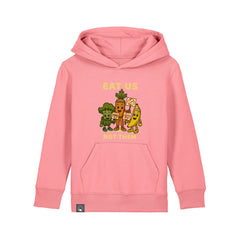 Roots for Our Future vegan kids hoodie in pink organic cotton with Full Squad vegan hero print, available in 10 colors