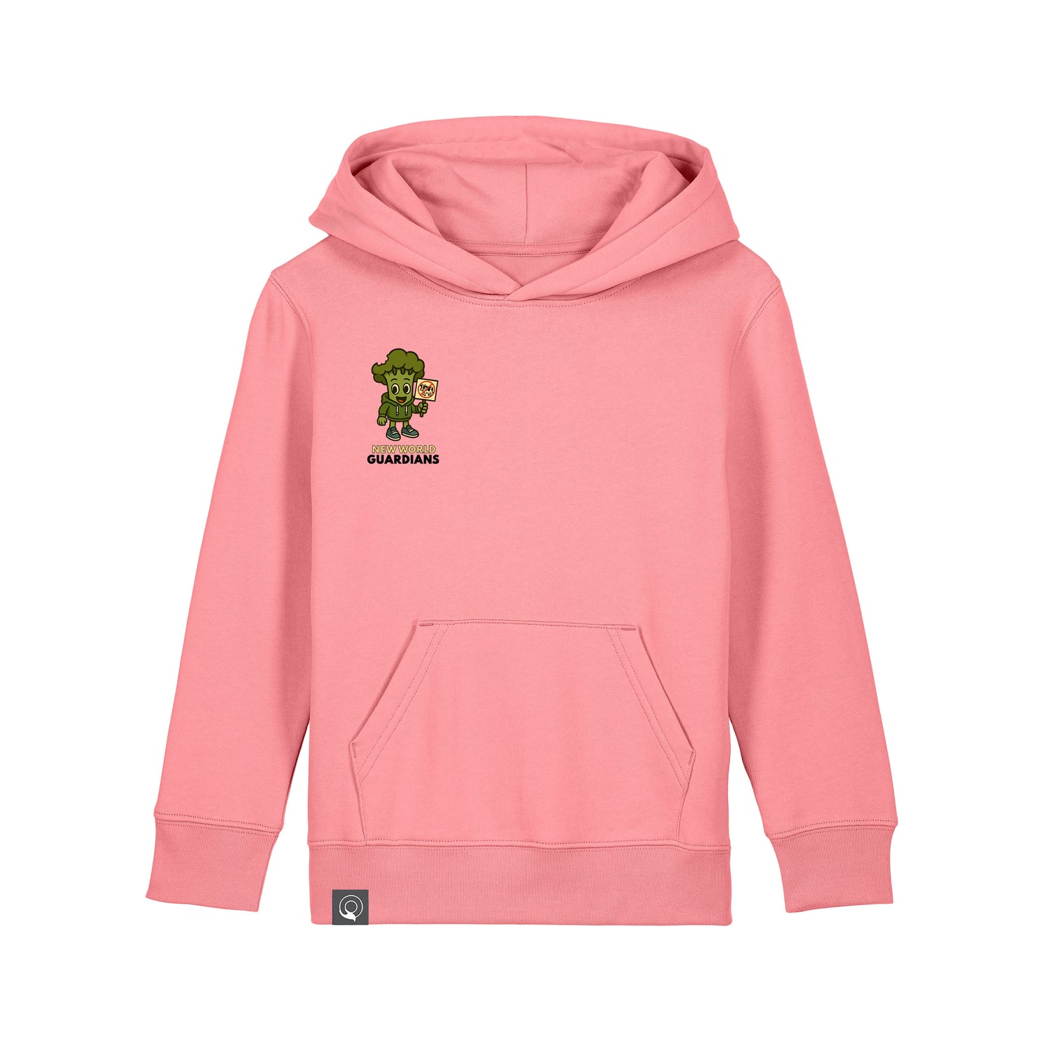 Roots for Our Future kids hoodie in pink organic cotton with Steamy vegan hero print, 10 colors available