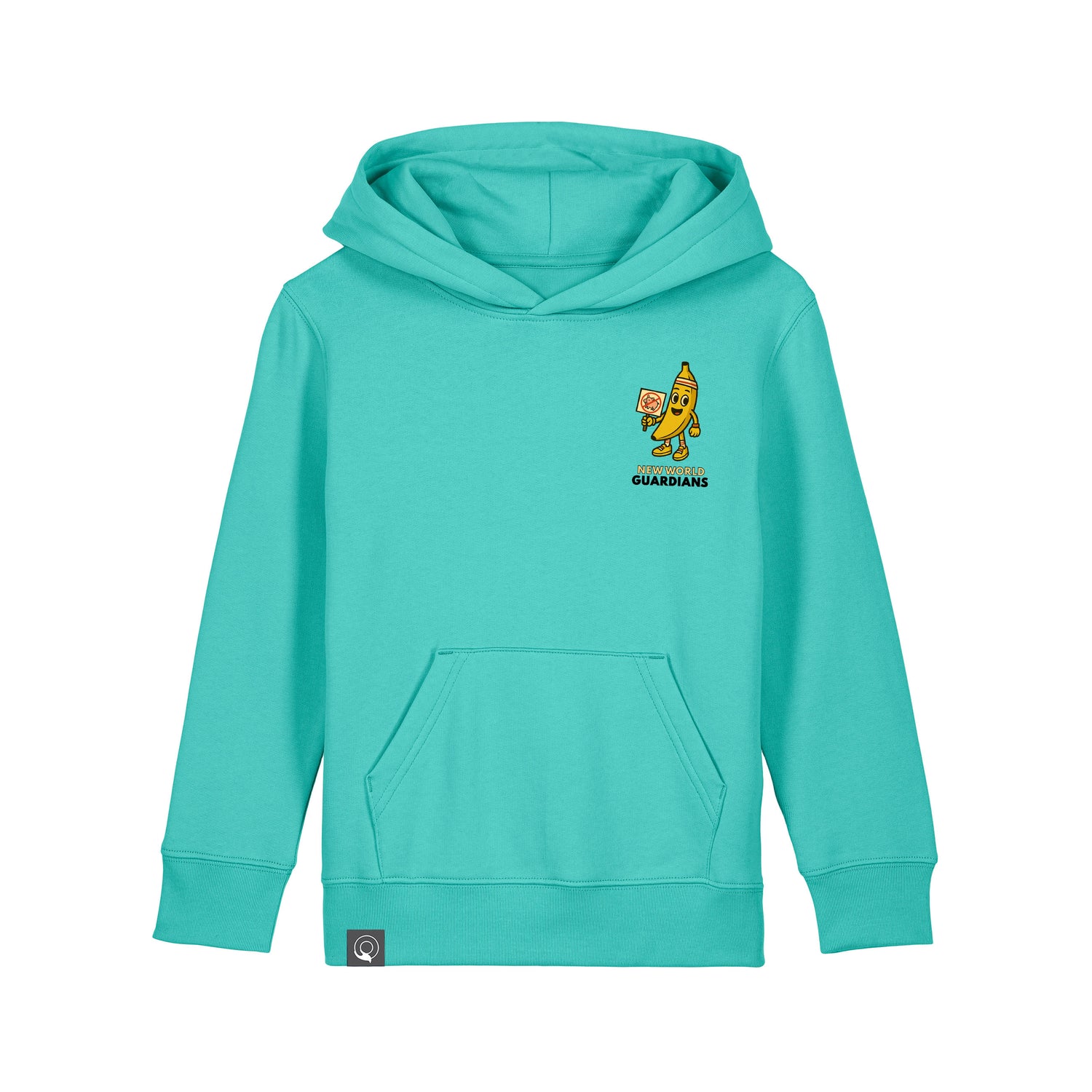 Roots for Our Future kids hoodie in pool blue organic cotton with Bany vegan hero print on chest, 10 colors available