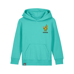 Roots for Our Future kids hoodie in pool blue organic cotton with Bany vegan hero print on chest, 10 colors available