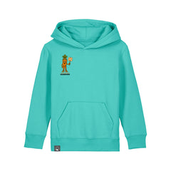Eco-friendly organic cotton children’s hoodie in turquoise with Crunch plant hero graphic, ten colors