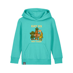 Sustainable kids hoodie made from organic cotton, turquoise with vegan heros design, Roots for Our Future, 10 colors