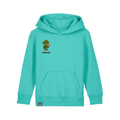 Sustainable organic cotton kids hoodie in turquoise with Steamy hero design, Roots for Our Future, 10 colors