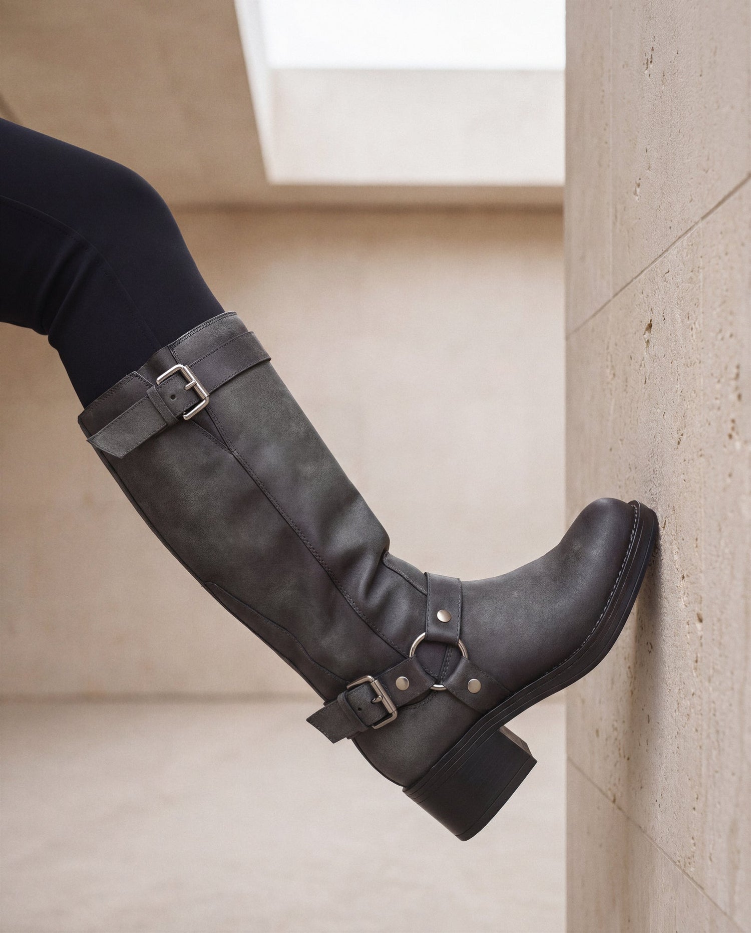 RUBY Grey vegan harness boot pair — women’s ethical knee-high boot in 25% recycled microfibre