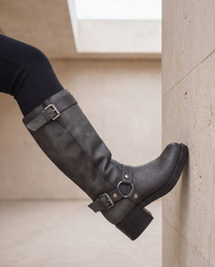 RUBY Grey vegan harness boot pair — women’s ethical knee-high boot in 25% recycled microfibre