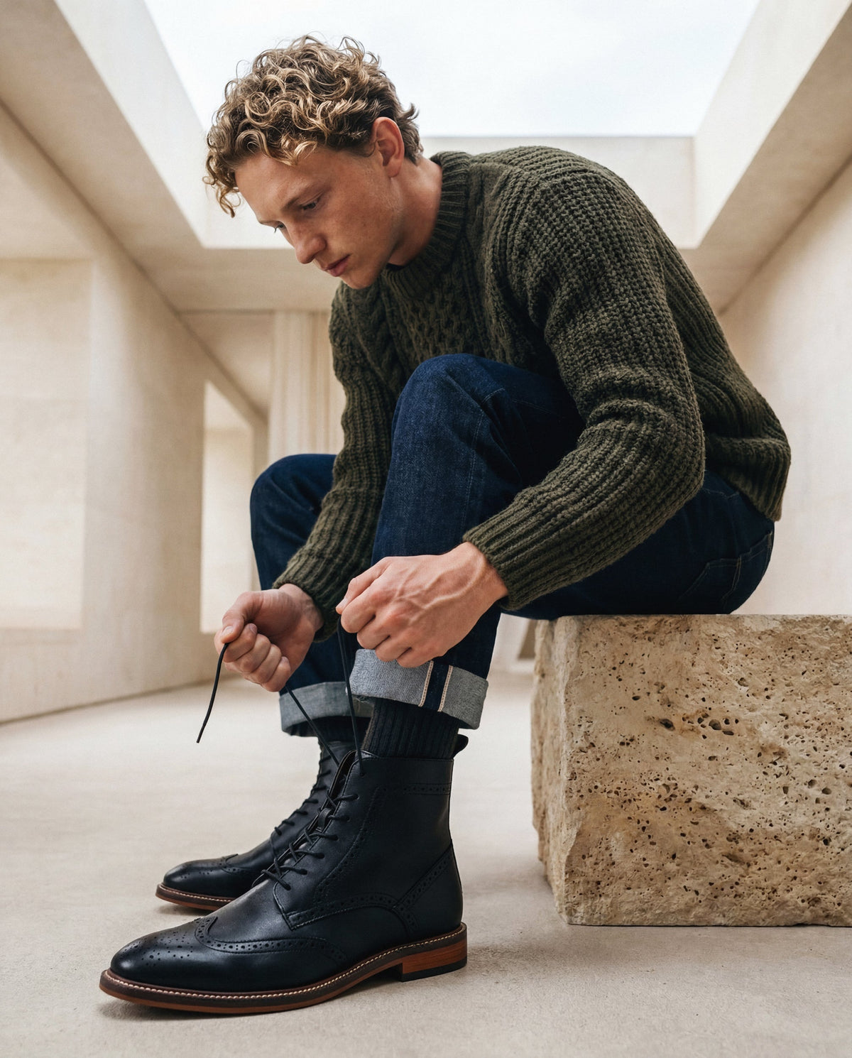 CHASE Schwarzer veganer Brogue-Stiefel mit Flügelspitze, getragen von einem männlichen Model