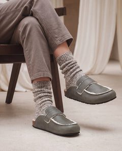 KOOD Green vegan clog worn by two models — unisex vegan clog in sage green styled with knitwear and tailored trousers, NAE Vegan Shoes