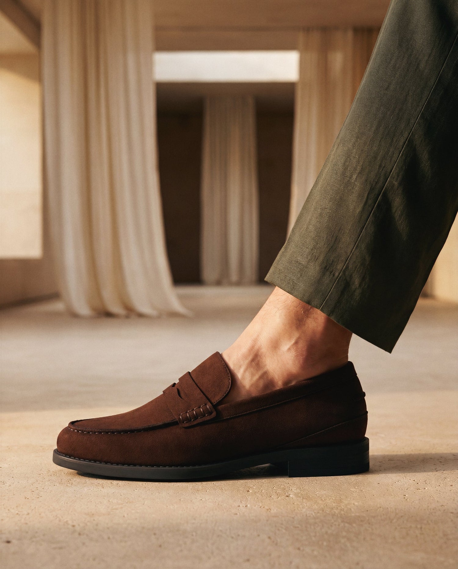 LEVI Brown vegan penny loafer pair — men's ethical dress shoe in brown microsuede
