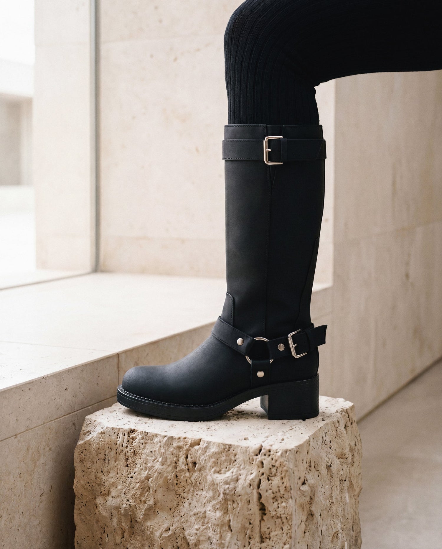 RUBY Black vegan harness boot pair — women’s ethical knee-high boot in 25% recycled microfibre