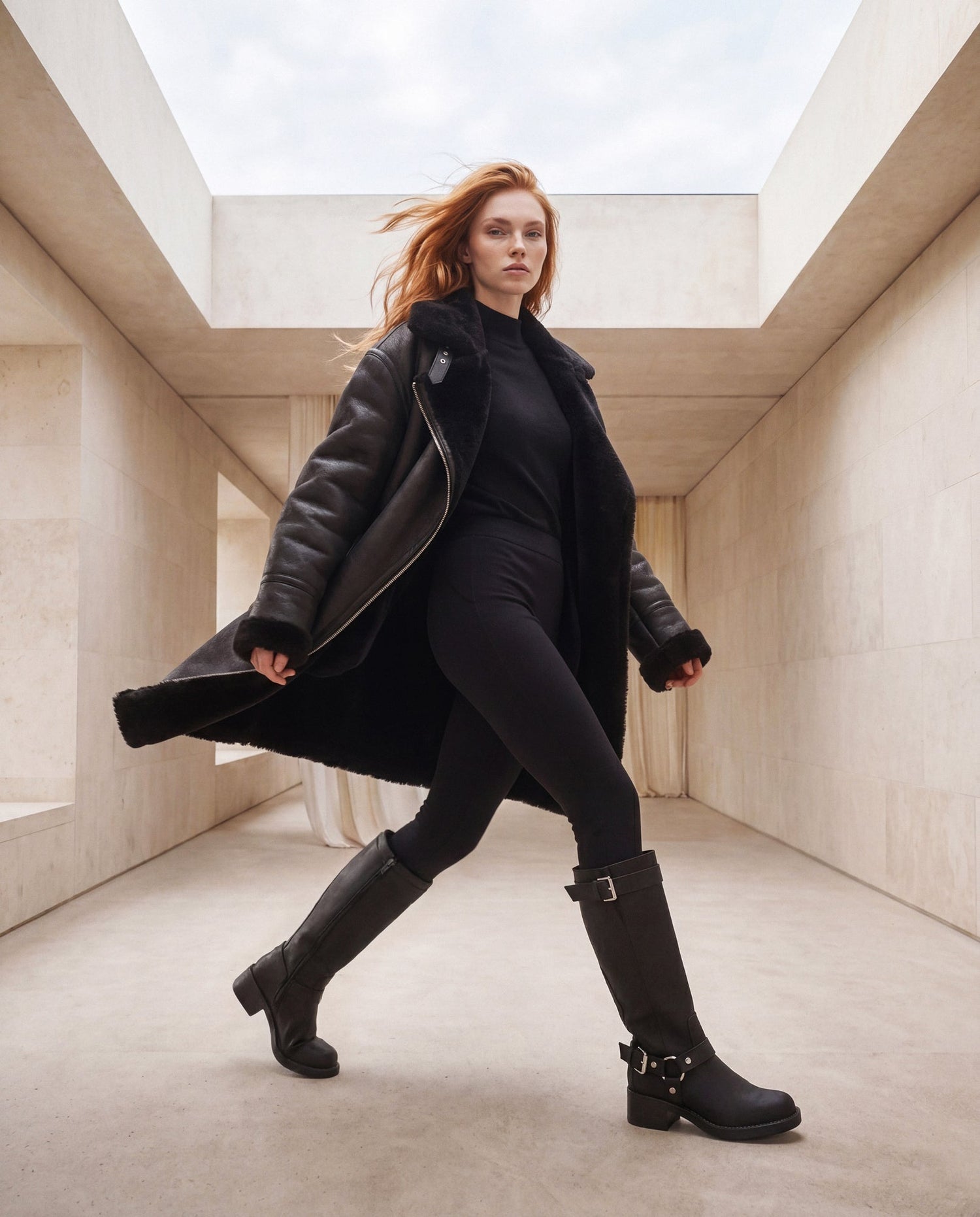 RUBY Black vegan harness boot detail — knee-high silhouette with silver buckle and D-ring hardware