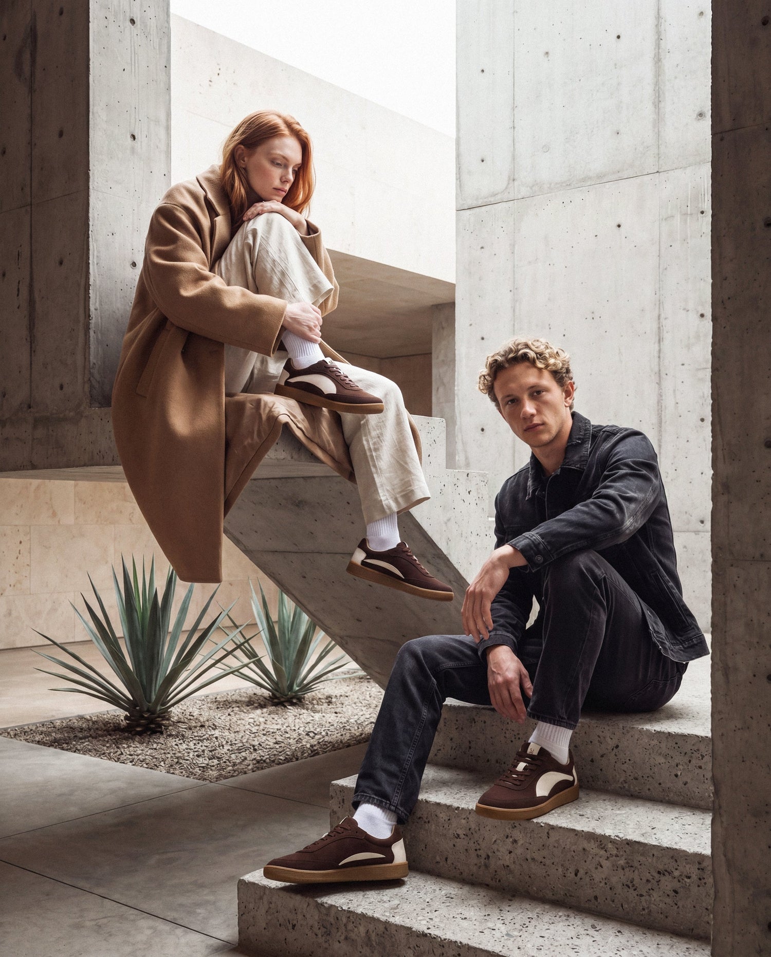 MACKAY Beige vegan unisex retro sneaker pair — dark brown OnMicro Suede with beige detail panels and gum sole