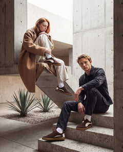 MACKAY Beige vegan unisex retro sneaker pair — dark brown OnMicro Suede with beige detail panels and gum sole
