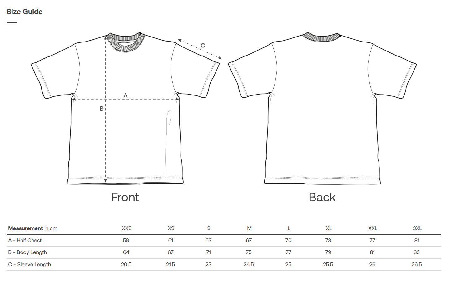 Sustainable T-shirt size guide with front and back views and measurements.