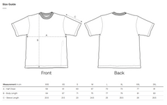 Sustainable T-shirt size guide with front and back views and measurements.