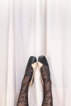 Wearing vegan flat shoes with elegant stockings | NAE Vegan Shoes