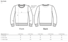 Vegan Kids Sweater size guide with front and back views and measurement chart.