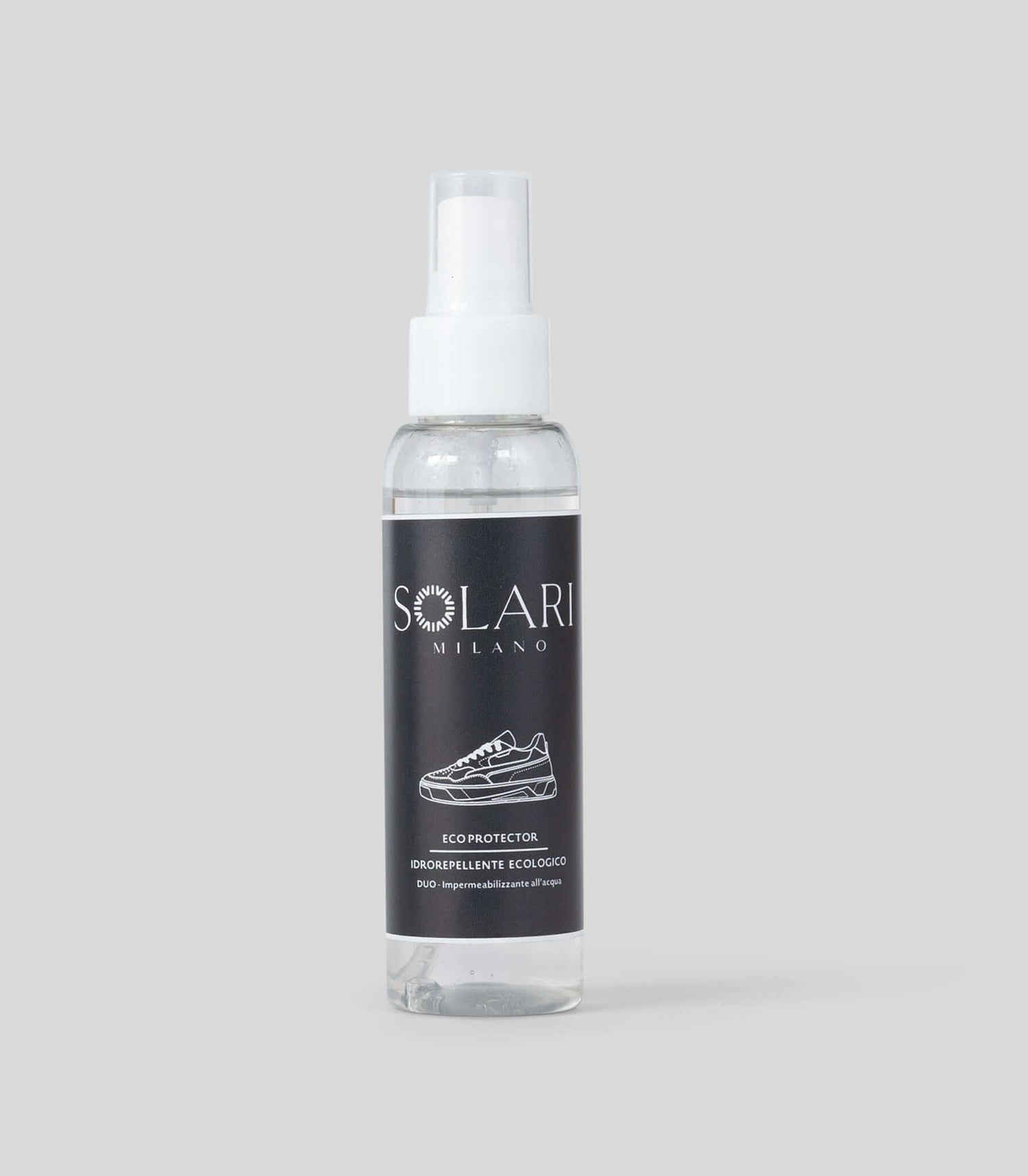 Vegan water-repellent spray by Solari Milano, eco-friendly protection for premium vegan footwear, made in Italy