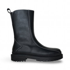Schwarze, flache, vegane, lässige, unisex-Bürostiefel aus Mikrofaser, die bis zur Mitte der Wade reichen