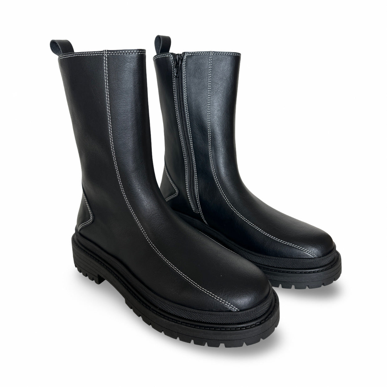 Unisex black mid-calf boots vegan leather zipper flats ridged sole casual office